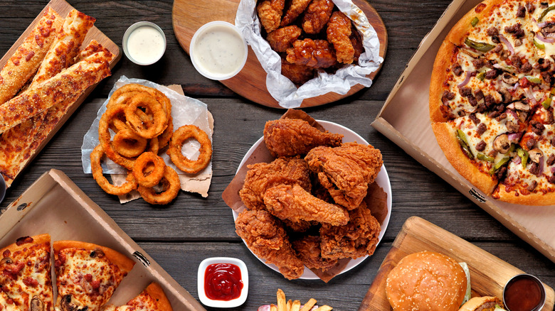 junk food spread out on table