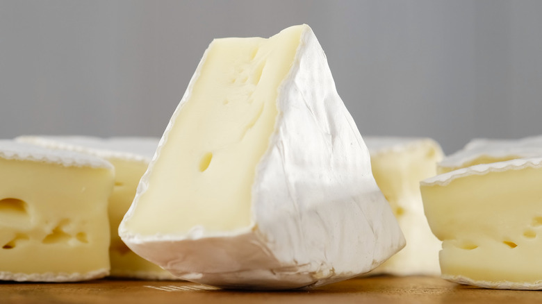 Camembert cheese against a grey background