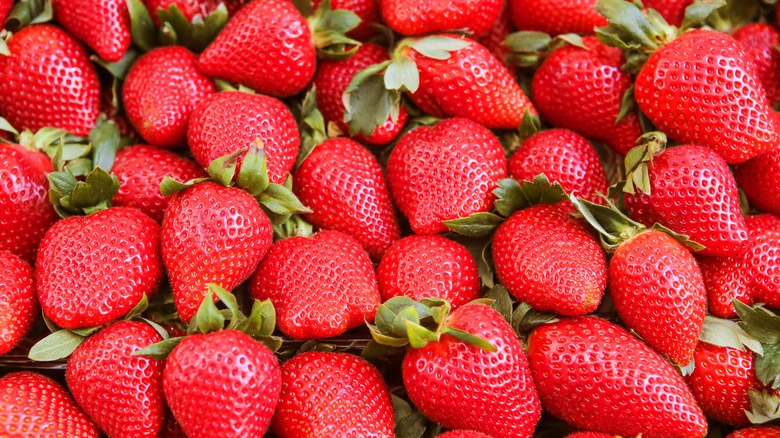 Overhead shot of a pile of strawberries