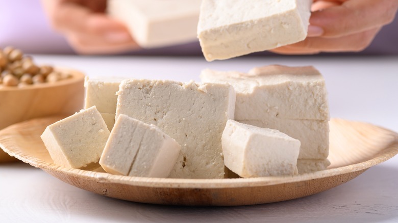 tofu on wooden plate