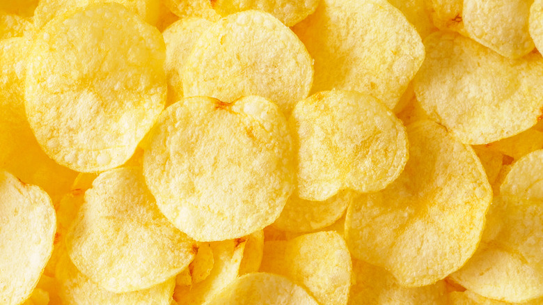 Overhead shot of a pile of potato chips
