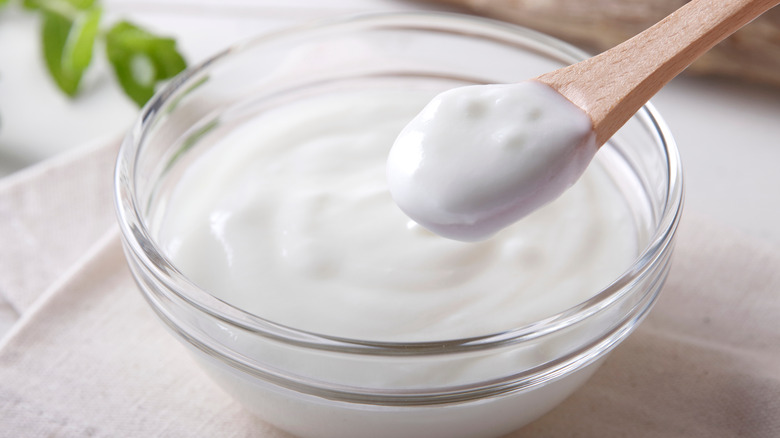 Fresh yogurt in a glass bowl