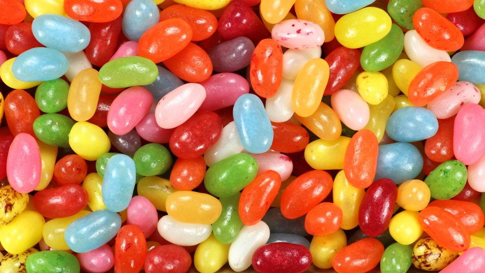 non-vegan jelly beans spread out on table