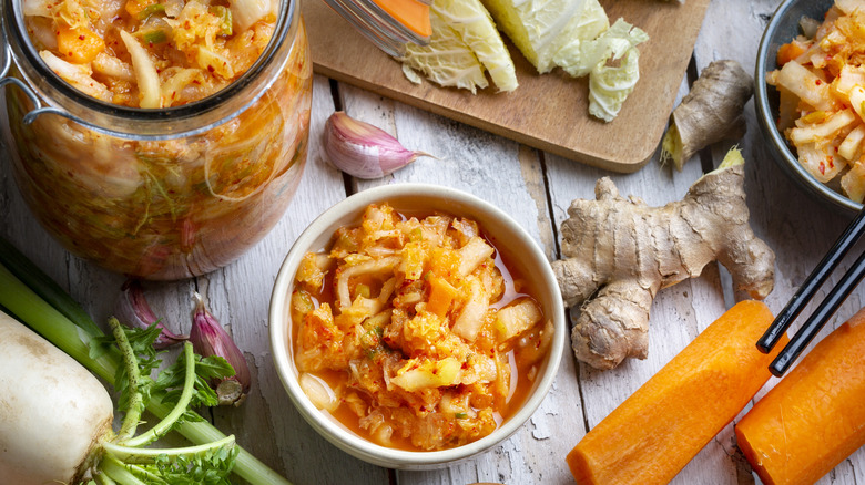 Flat lay of kimchi and ingredients