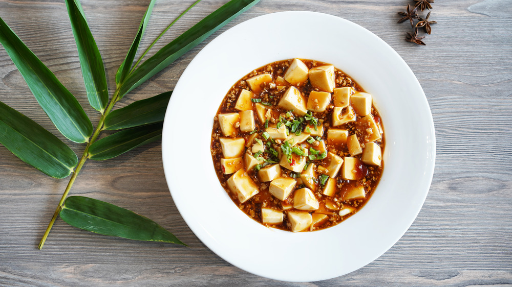 Mapo tofu in a bowl ready to eat on the table