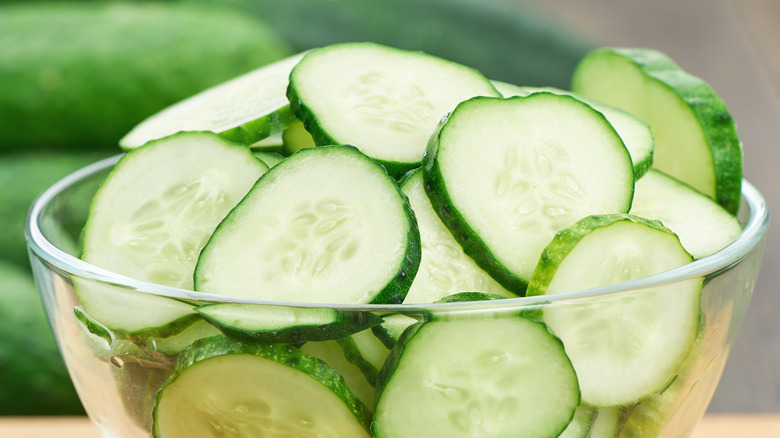 Cucumber slices in clear glass bowl