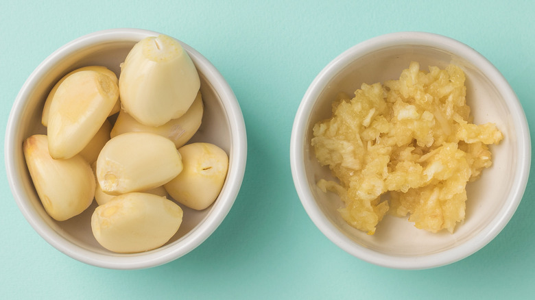 cloves of garlic and mashed garlic