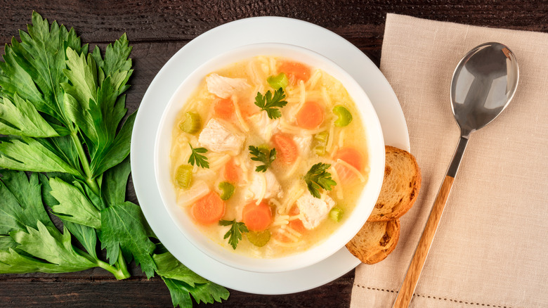 chicken noodle soup on wooden background