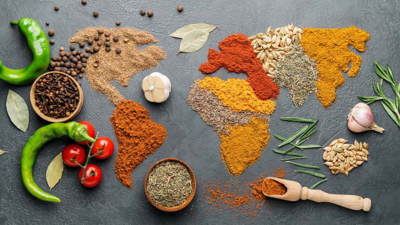 different spices spread out on table