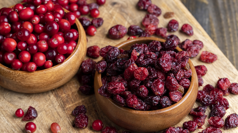 cranberries and dried cranberries in bowls