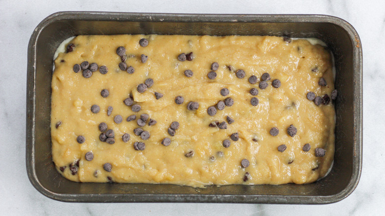 unbaked gluten-free chocolate chip banana bread in a baking pan