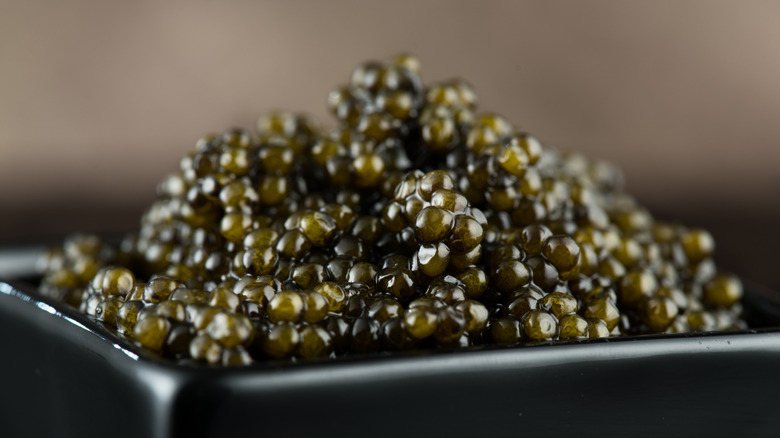 Close up of dark green caviar