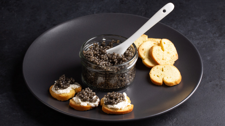 Caviar in jar and on crostini 