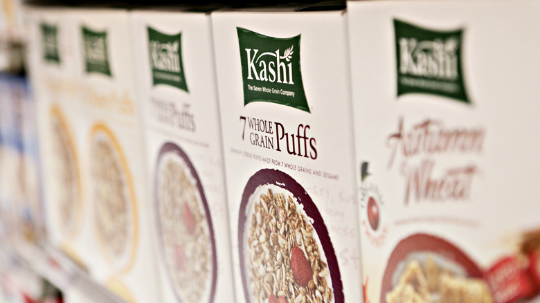 row of Kashi cereals on shelf