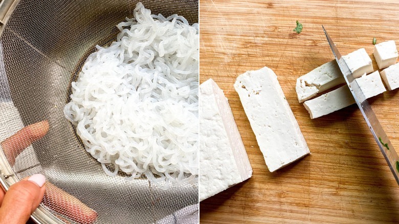 side-by-side image prepping noodles and tofu