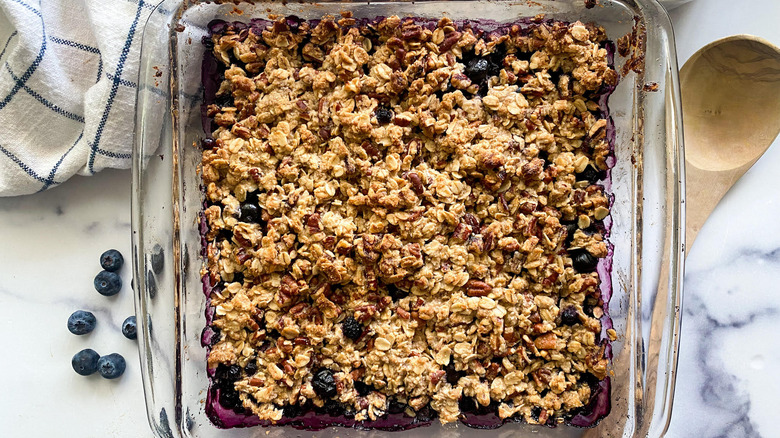 blueberry crumble in baking dish