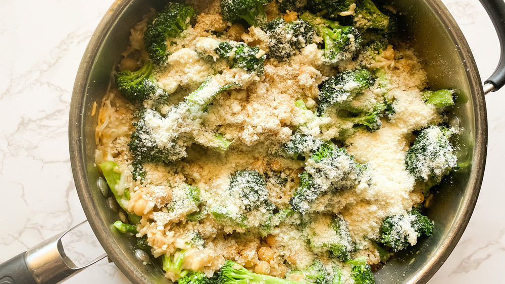 chickpeas, broccoli florets, and rice