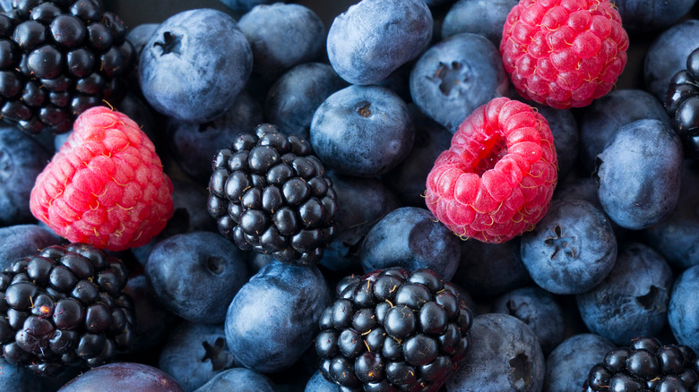 fresh blueberries, raspberries, and blackberries