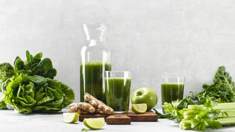 green fruits and vegetables and green juice