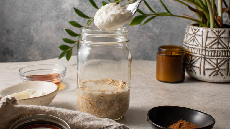 oats and milk in jar