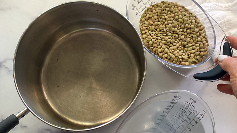 pot, lentils, and water