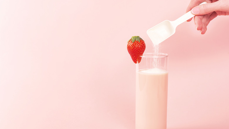 protein smoothie with whole strawberry