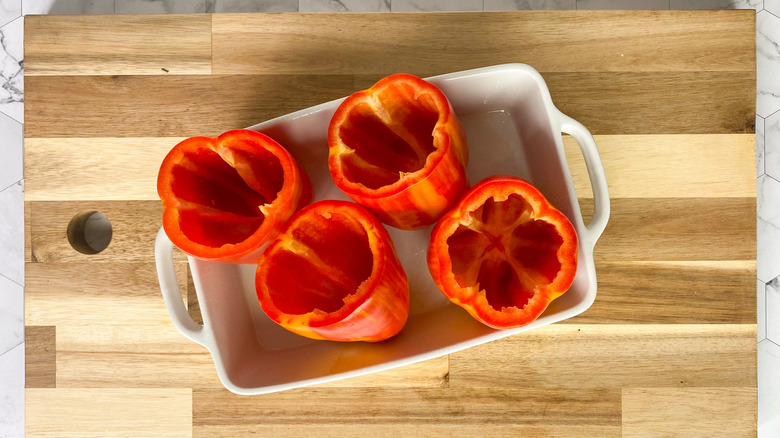 Raw pepper shells in pan