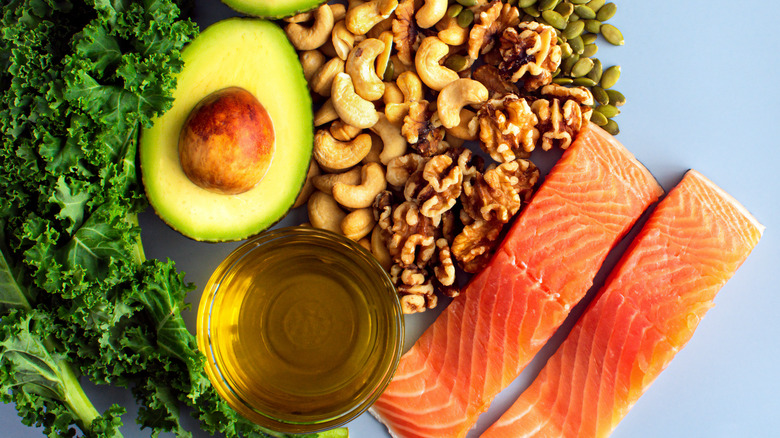 avocado, nuts, seeds, and salmon