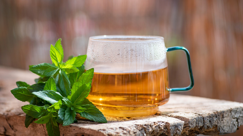 A cup of tea with fresh mint on the side