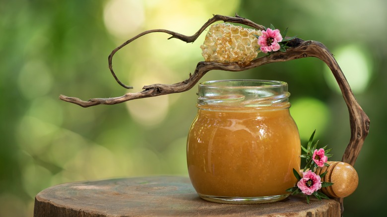 jar of manuka honey with flowers and honeycomb