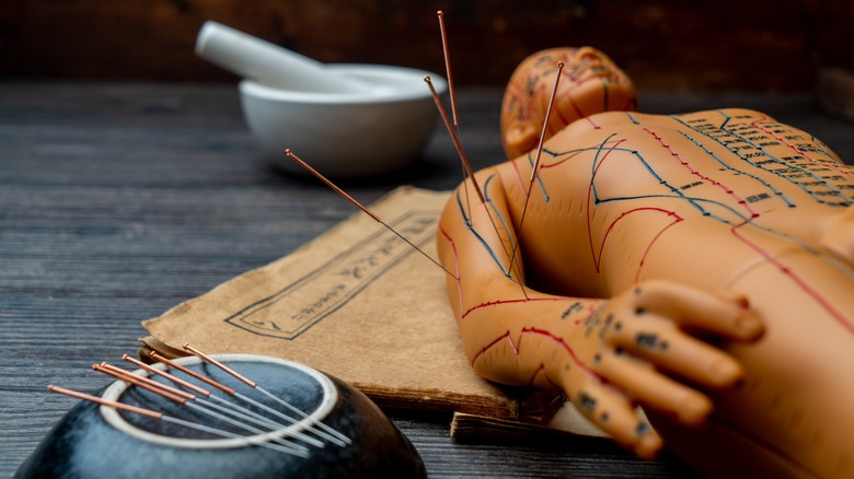 close up of figure of human body with acupuncture needles in it beside a bowl of fresh needles