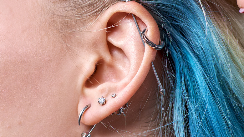Close up of a cartilage piercing