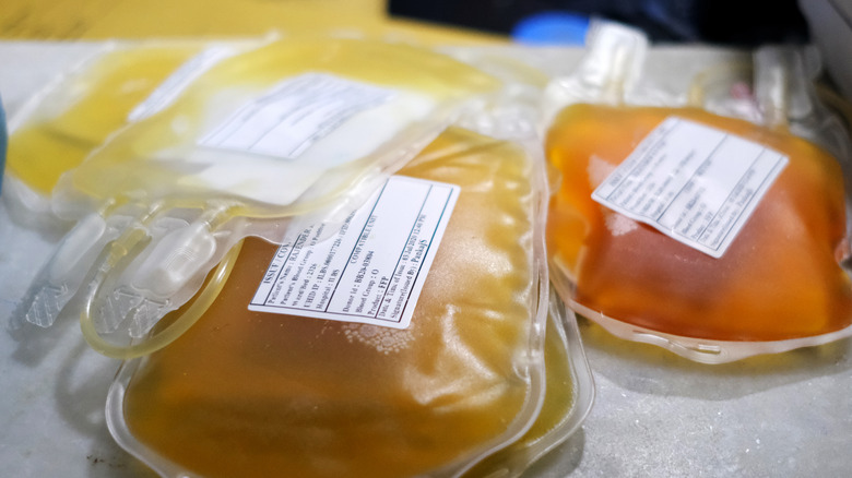 Bags of blood plasma