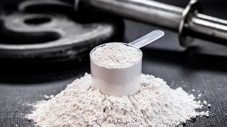 scoop of protein powder with weights in background