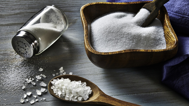 salt shaker, salt crystals, and a pestle in a bowl of salt