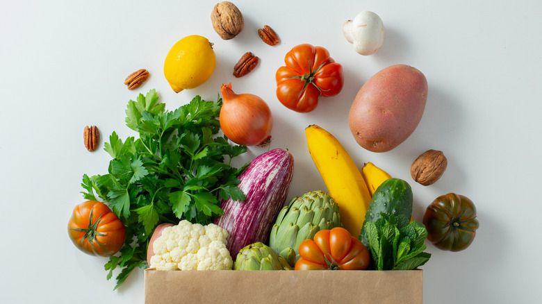 grocery bag with food flat lay