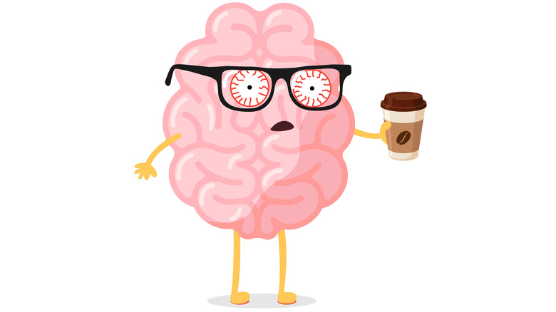 cartoon brain holding coffee