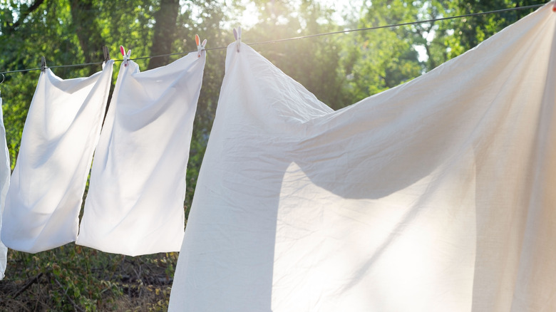 white sheet and pillowcases hang on clothesline 