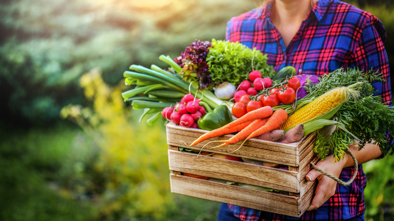 woman holds wooden box with fresh produce