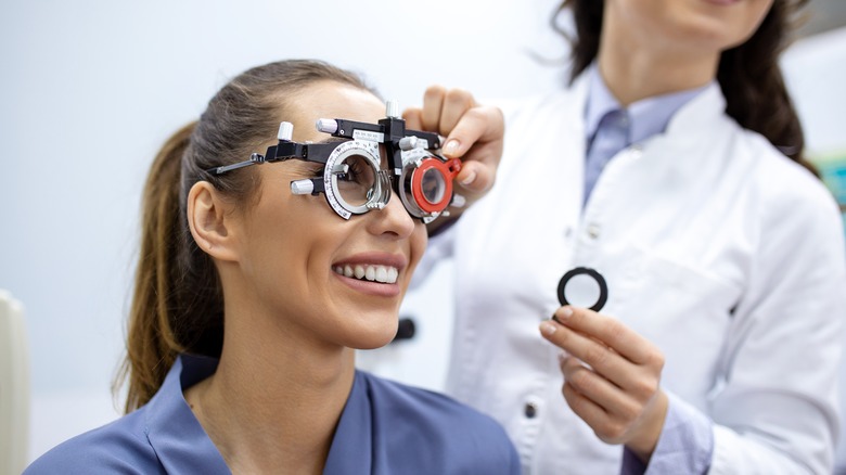 A woman at the eye doctor