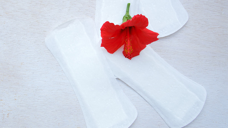 Sanitary pads pictured with a red flower