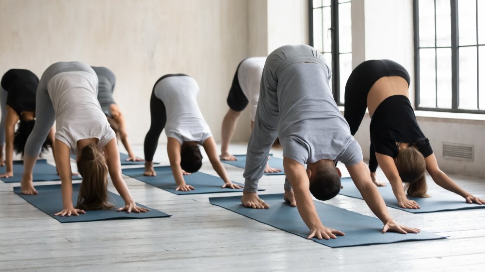 Downward facing dog, yoga class