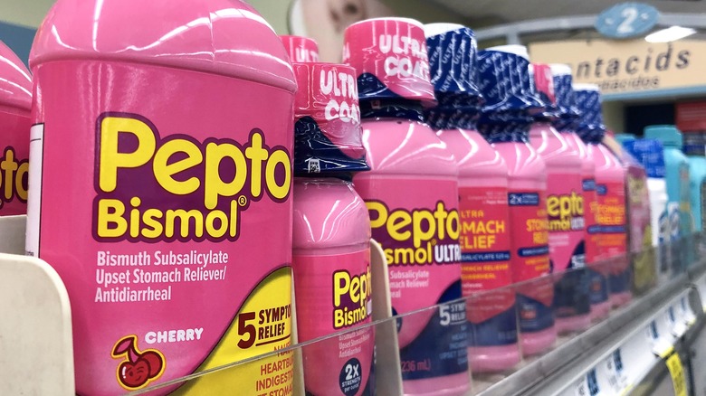 Pepto Bismol bottles on a shelf