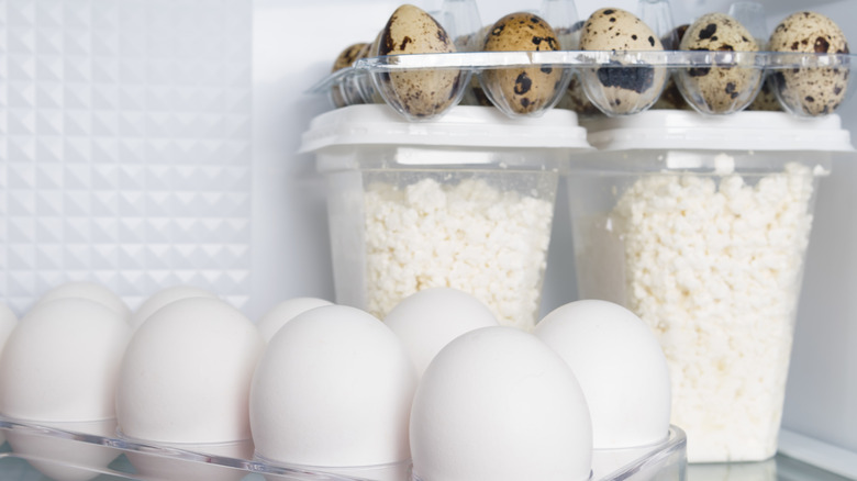 cottage cheese and eggs in a refrigerator