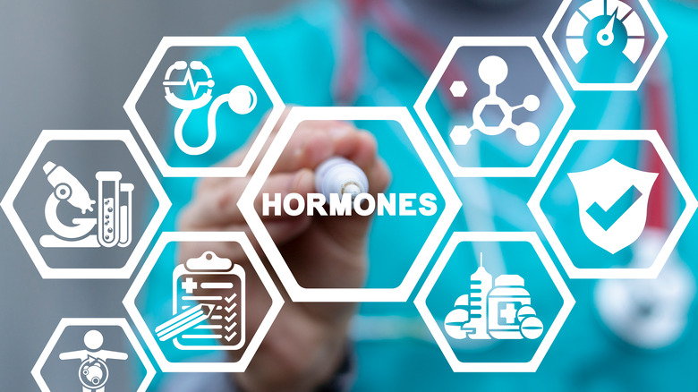 woman pressing medical symbols hormones