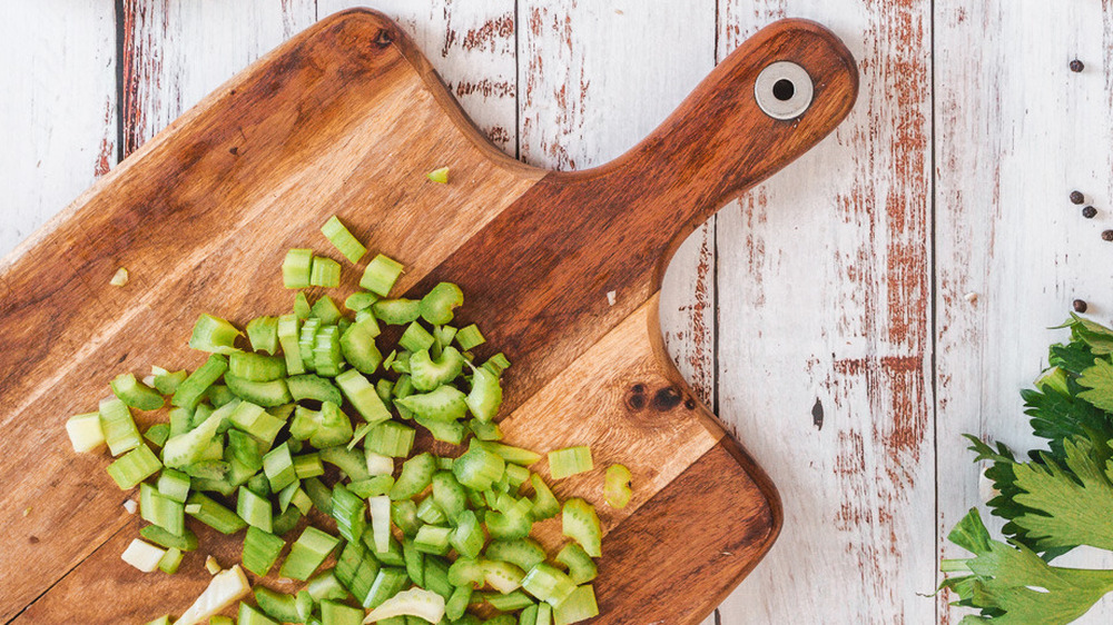 diced celery on cutting board