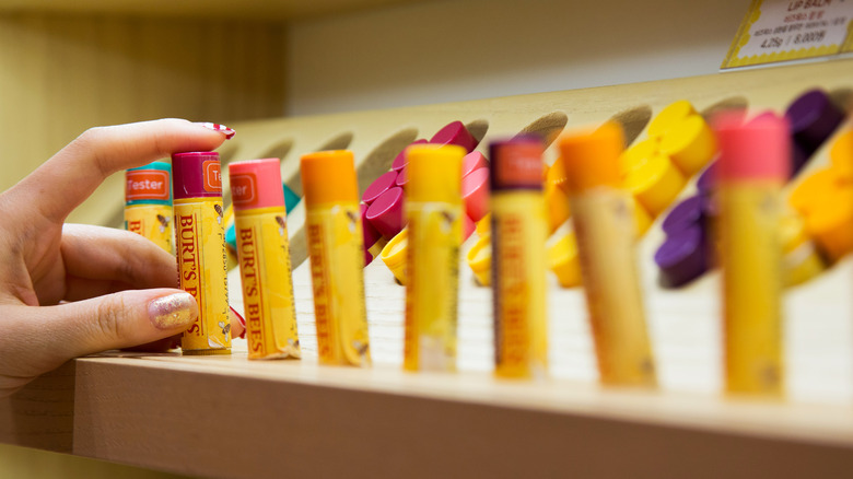 tubes of Burt's Bees lip balm on display in store