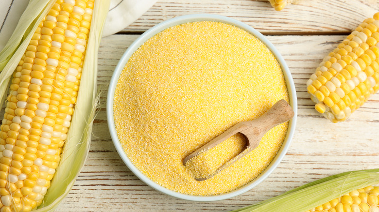 Cornmeal and fresh corn on a table