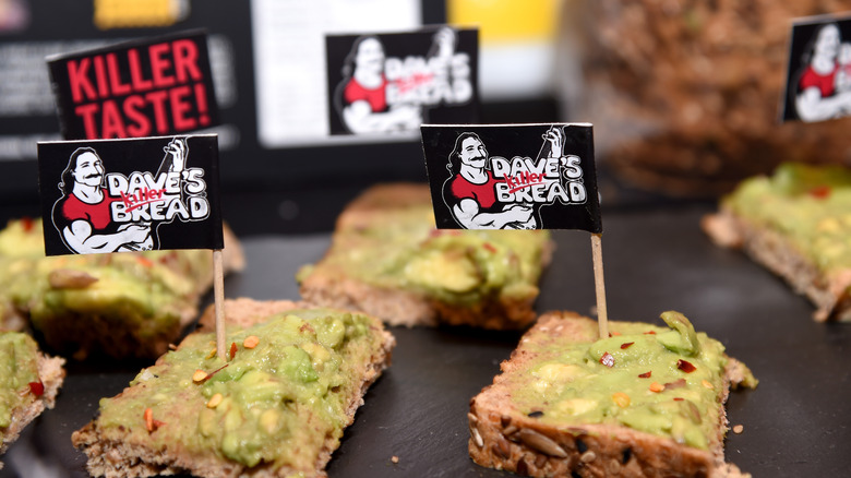 avocado toast with Dave's Killer Bread labels