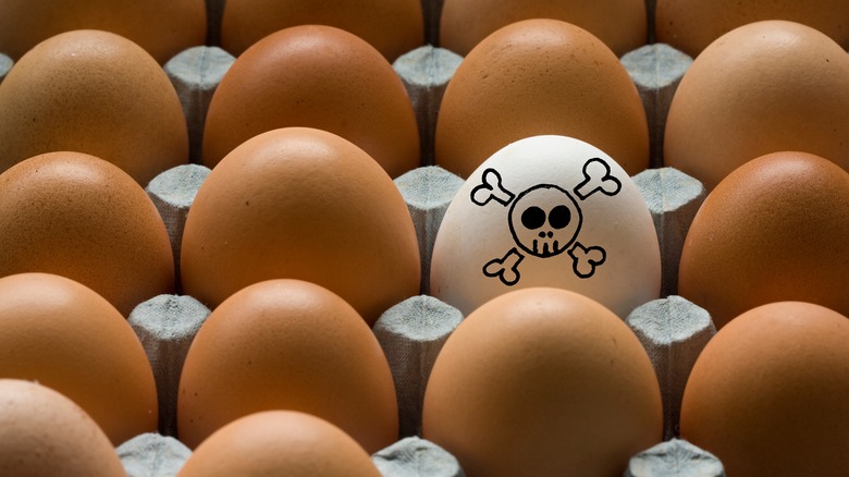 box of brown eggs with skull and crossbones on a white egg